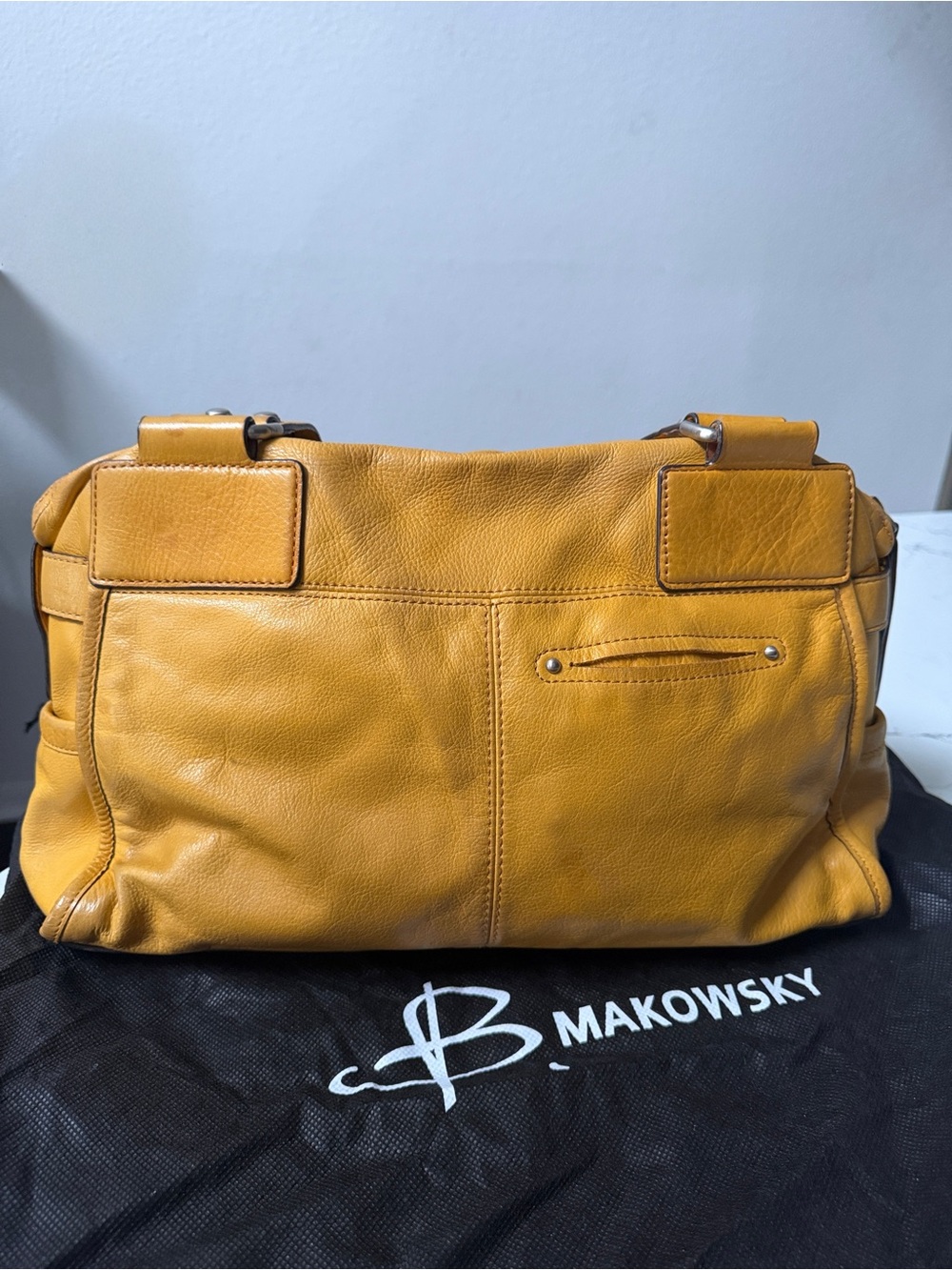 B. Makowsky Mustard Yellow Leather Satchel Shoulder Bag - Picture 6 of 12